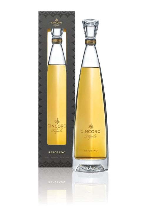 Cincoro Reposado 700ml tequila bottle with gold foil and patterned box