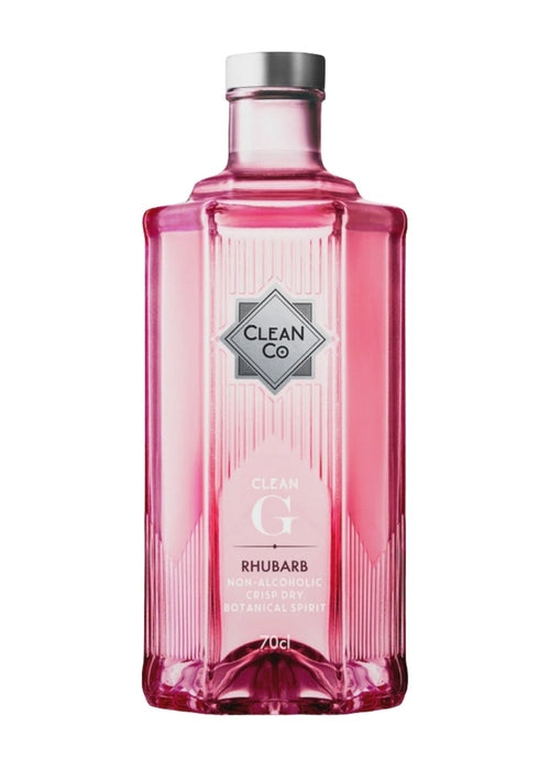 Clean Co Clean G Pink Rhubarb non-alcoholic gin bottle with diamond logo