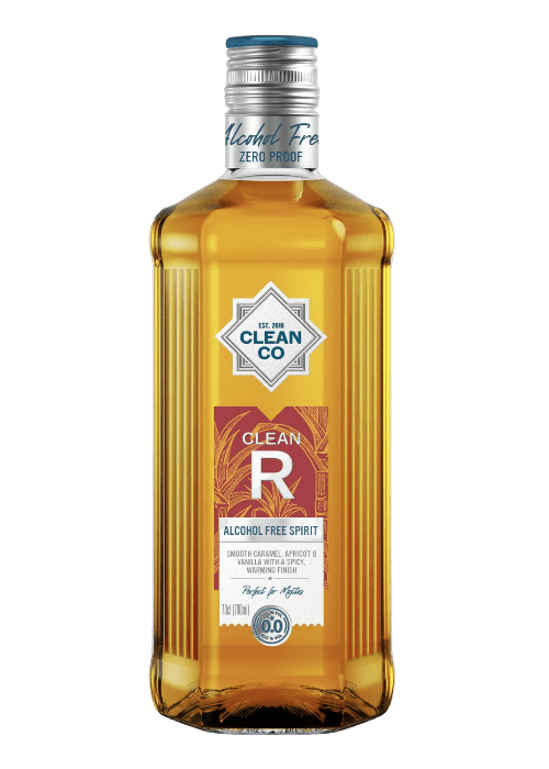 Clean Co Clean R alcohol-free rum alternative in 700ml glass bottle with golden-amber liquid and caramel spice flavor