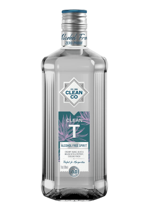 Clean Co Clean T 700ml alcohol-free agave spirit bottle with teal and purple label