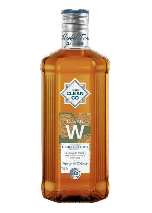 Clean Co Clean W 700ml alcohol-free whiskey spirit with oak and vanilla notes in clear ribbed glass bottle