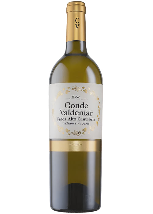 Conde Valdemar Finca Alto Cantabria white wine bottle with gold foil and Old Vines label