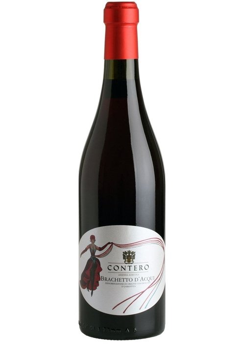 Contero Brachetto d'Acqui sparkling wine bottle with red foil cap and woman illustration label