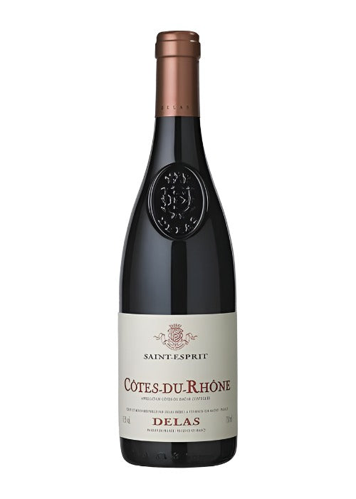 Delas Saint-Esprit Côtes-du-Rhône red wine bottle with copper foil and cream label