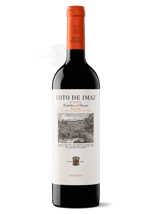 Coto de Imaz Rioja Reserva red wine bottle with white label and orange foil capsule