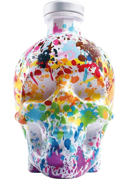 Crystal Head Vodka Pride edition skull bottle with multicolored paint splatter design