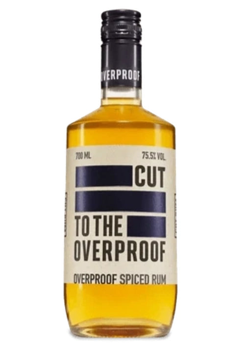 Cut To The Overproof Spiced Rum 700ml bottle with amber liquid and black cap