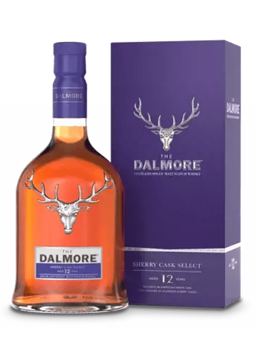 Dalmore 12 Year Old Sherry Cask Select single malt whisky bottle with purple box and silver stag emblem
