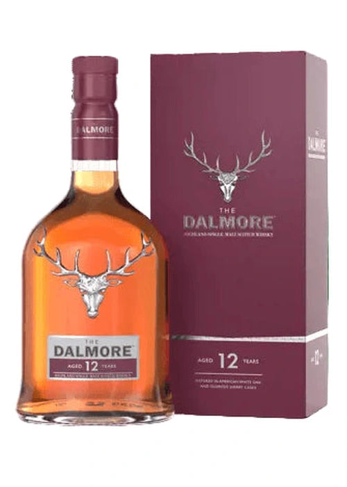 The Dalmore 12 Year Old Single Malt Scotch Whisky bottle with stag emblem and maroon box