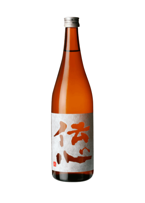 Denshin Tsuchi Honjozo sake 720ml bottle with amber liquid and Japanese kanji label