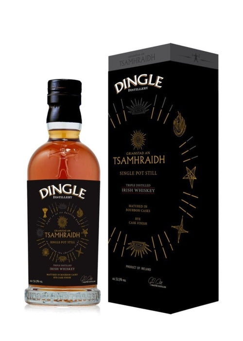 Dingle Grianstad an Tsamhraidh single pot still Irish whiskey bottle and box with gold sun motifs