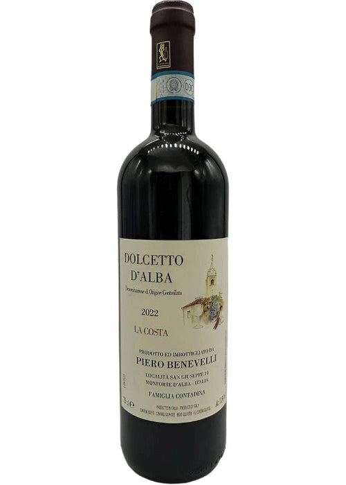 Dolcetto D'Alba Piero Benevelli 2022 red wine bottle with cream label and tower illustration