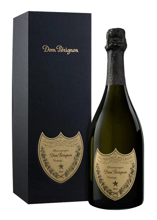 Dom Pérignon Vintage Brut Champagne 750ML bottle and navy blue gift box with gold script