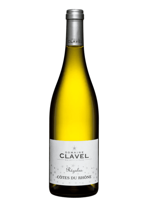 Domaine Clavel Cotes du Rhone White wine bottle with pale yellow liquid and star label design