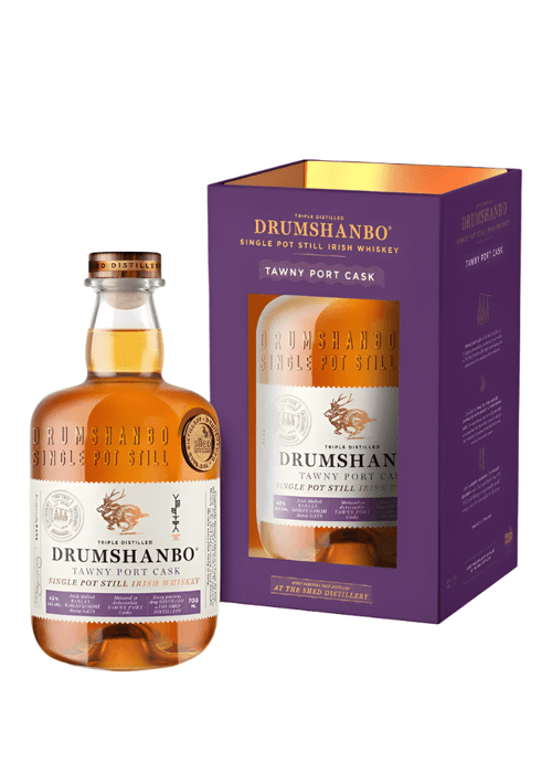 Drumshanbo Single Pot Still Tawny Port Cask Irish Whiskey 700ml bottle with purple packaging