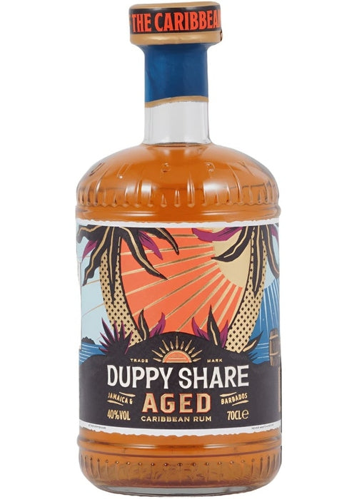 Duppy Share Aged Caribbean Rum 700ml bottle with amber liquid and tropical label design