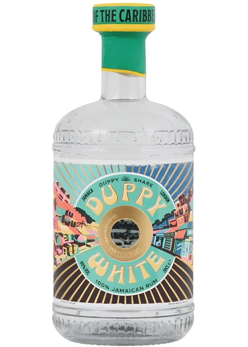 Duppy Share 700ML Jamaican white rum bottle with gold and blue label design