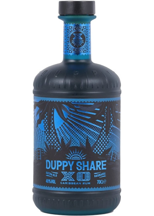 Duppy Share XO 700mL Barbados rum bottle with black and blue tropical label