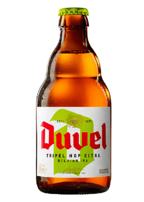 Duvel Tripel Hop Citra 330ml Belgian IPA bottle with green cap and amber beer
