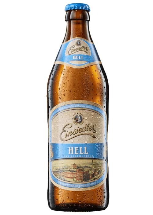 Einsiedler Hell 500ml German Helles Lager bottle with golden yellow beer and blue cap
