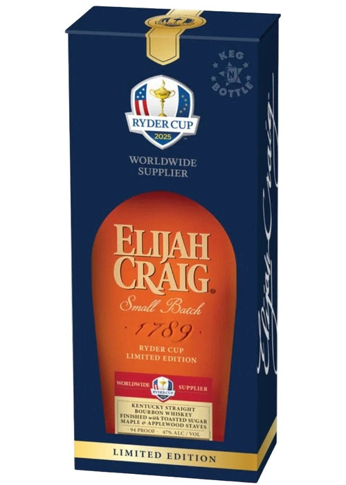 Elijah Craig Small Batch 2025 Ryder Cup Limited Edition bourbon box with gold foil and trophy logo