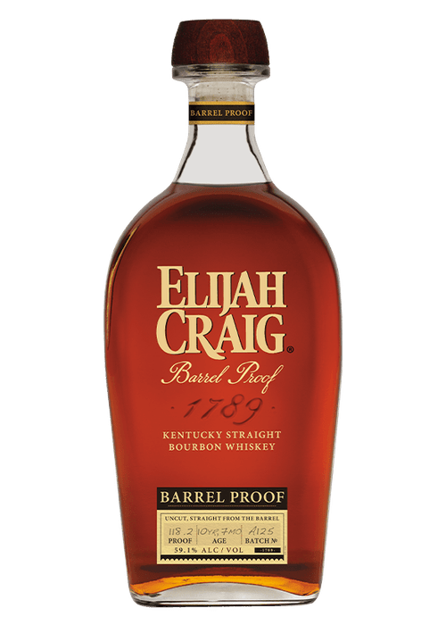 Elijah Craig Small Batch Barrel Proof bourbon bottle with gold neck band and handwritten batch details