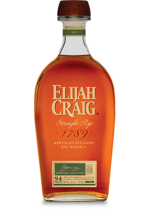 Elijah Craig Straight Rye 700ML Kentucky whiskey bottle with amber liquid and green neck label