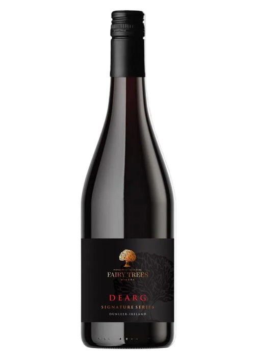 Fairy Trees Signature Series Dearg red wine bottle with black label and gold tree logo