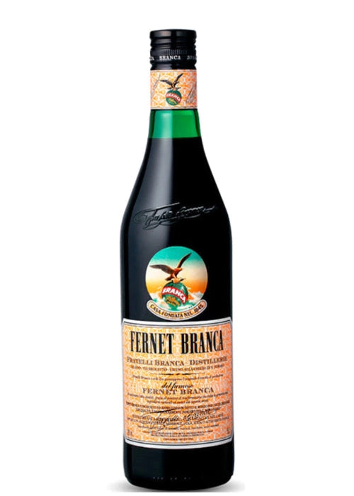 Fernet Branca 700ml dark glass bottle with orange label and eagle emblem