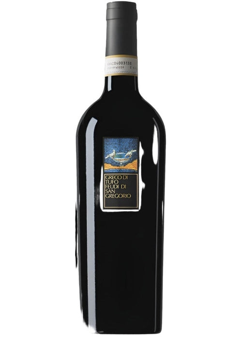 Feudi San Gregorio Greco Di Tufo white wine bottle with blue and orange bird label