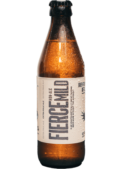 Fierce Mild Extra Pale Ale non-alcoholic beer bottle with golden-amber liquid and condensation