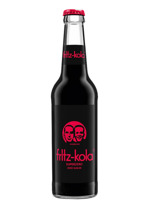 Fritz-Kola Super Zero sugar-free cola drink in slimline glass bottle with red cap