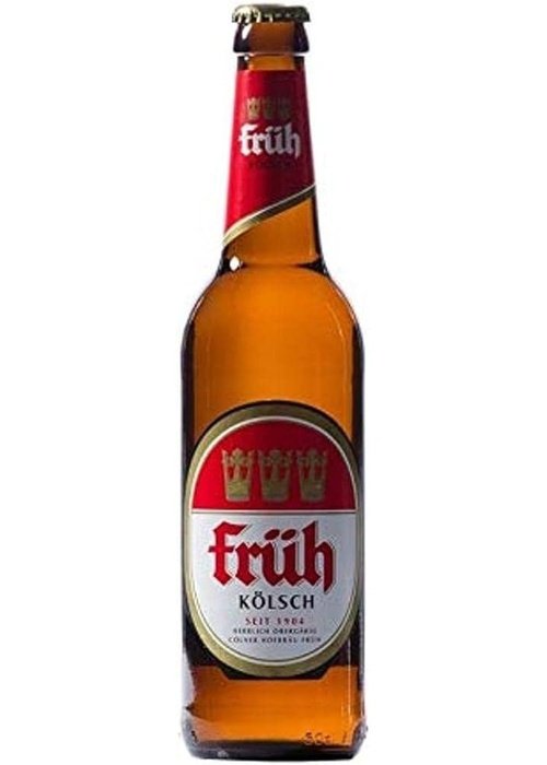 Früh Kolsch 500ml brown glass bottle with red label and gold crown logo
