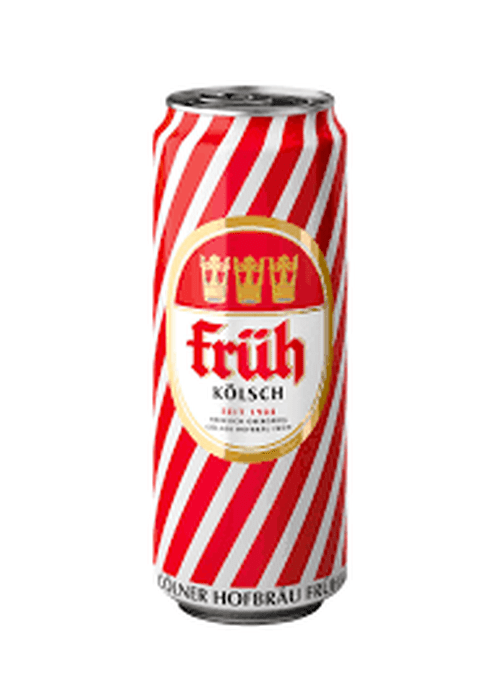 Fruh Kolsch 500ml aluminum can with red white stripes and gold crown logo