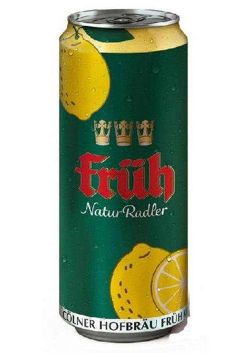 Fruh Natur Radler 500ml aluminum can with lemon design and condensation