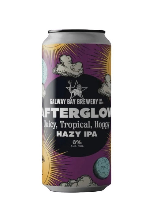 Galway Bay Afterglow Hazy IPA 440ml large can with purple label and yellow sunburst design
