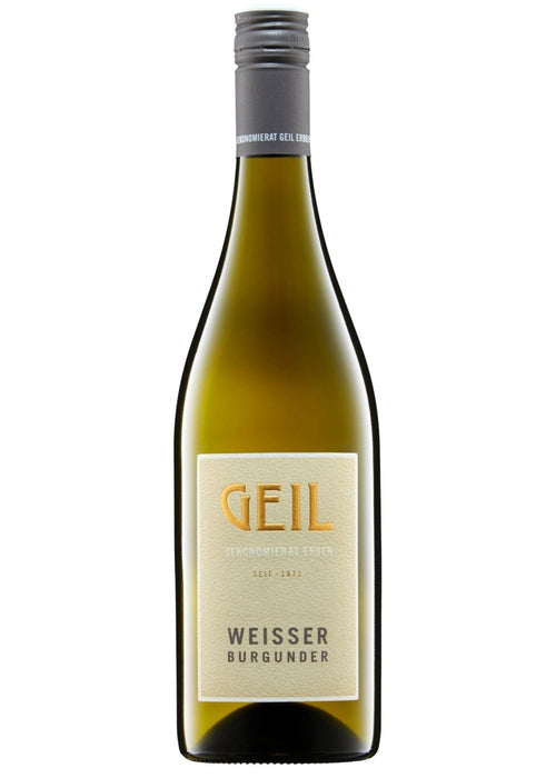 Geil Pinot Blanc white wine bottle with peach and apple flavors