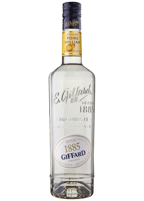 Giffard Poire William pear liqueur bottle with blue cap and gold lettering