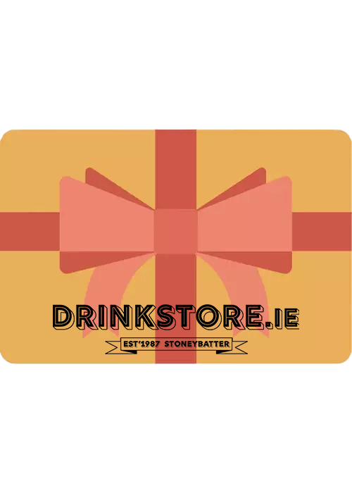 Mustard yellow Drinkstore.ie gift card with pink bow design for online shopping
