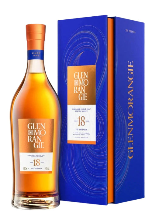 Glenmorangie 18 Year Old single malt Scotch whisky bottle with blue presentation box