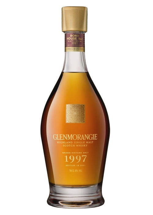 Glenmorangie Grand Vintage 1997 Highland Single Malt Scotch Whisky bottle with gold label and purple neck band