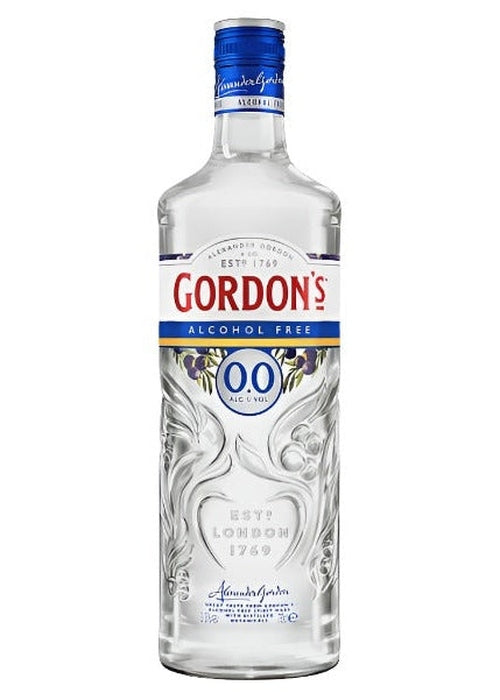 Gordon's Alcohol Free Gin 700ml bottle with blue label and botanical details