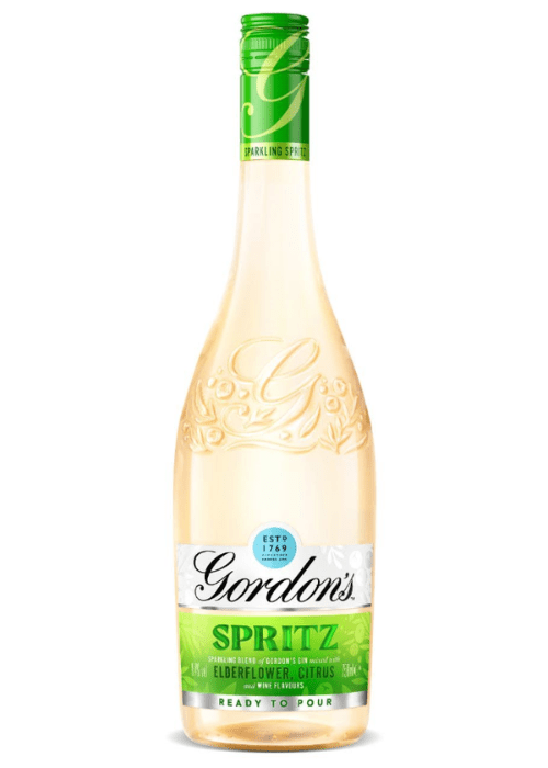 Gordon's Spritz Elderflower Citrus RTD cocktail bottle with green cap and floral etching