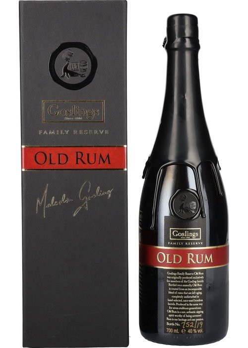 Goslings Family Reserve Old Rum 700ml bottle with wax seal and wooden box