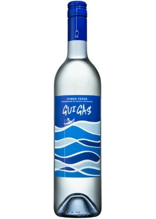 Quinta da Lixa Gui Gas Vinho Verde white wine bottle with blue cap and wave label design