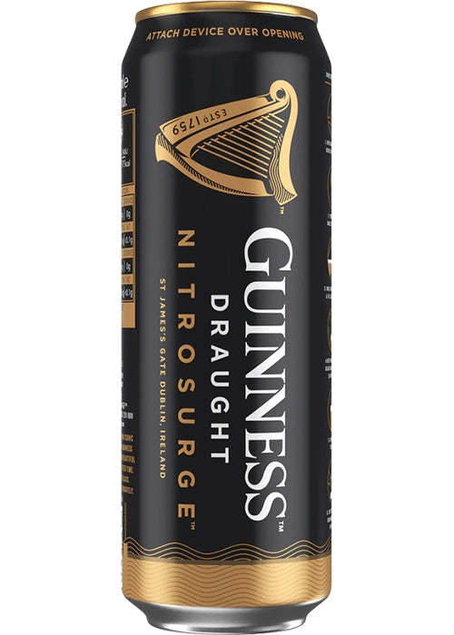 Guinness Nitrosurge 558ml black aluminum can with gold harp logo and NITROSURGE device label