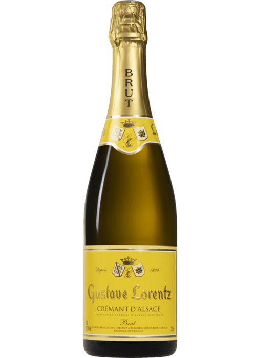Gustave Lorentz Crémant d'Alsace Brut sparkling wine bottle with gold foil and crest label