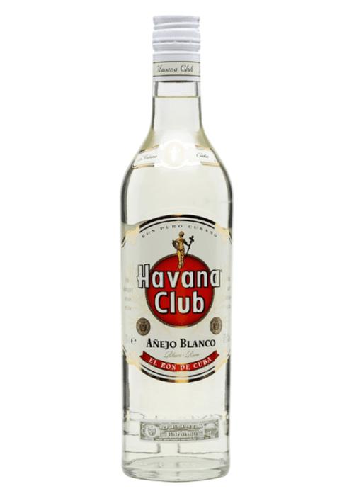 Havana Club Anejo Blanco 700ml white rum bottle with red emblem and gold cane figure