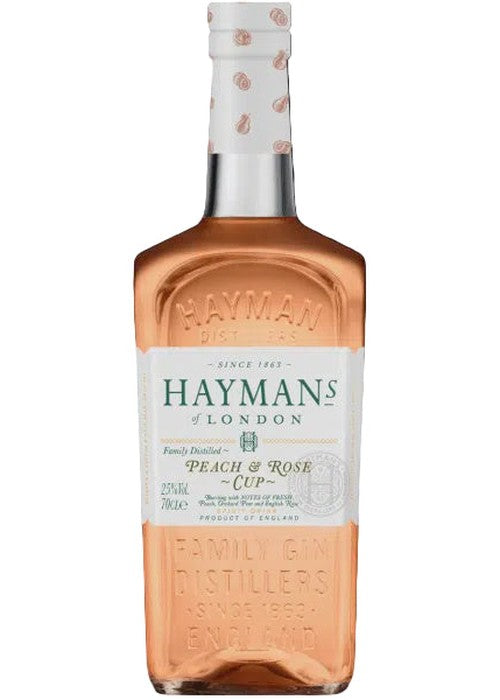 Hayman's Peach & Rose Gin 700ml bottle with rose-gold liquid and peach rose cap