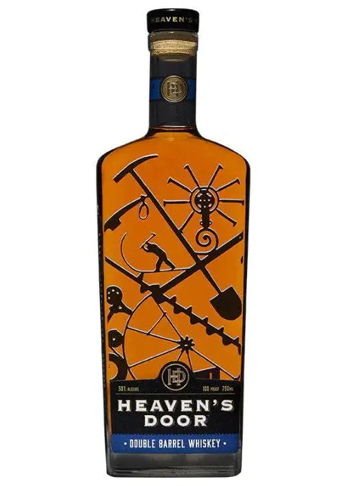 Heavens Door Double Barrel Whiskey 700ml bottle with orange label and black silhouette design